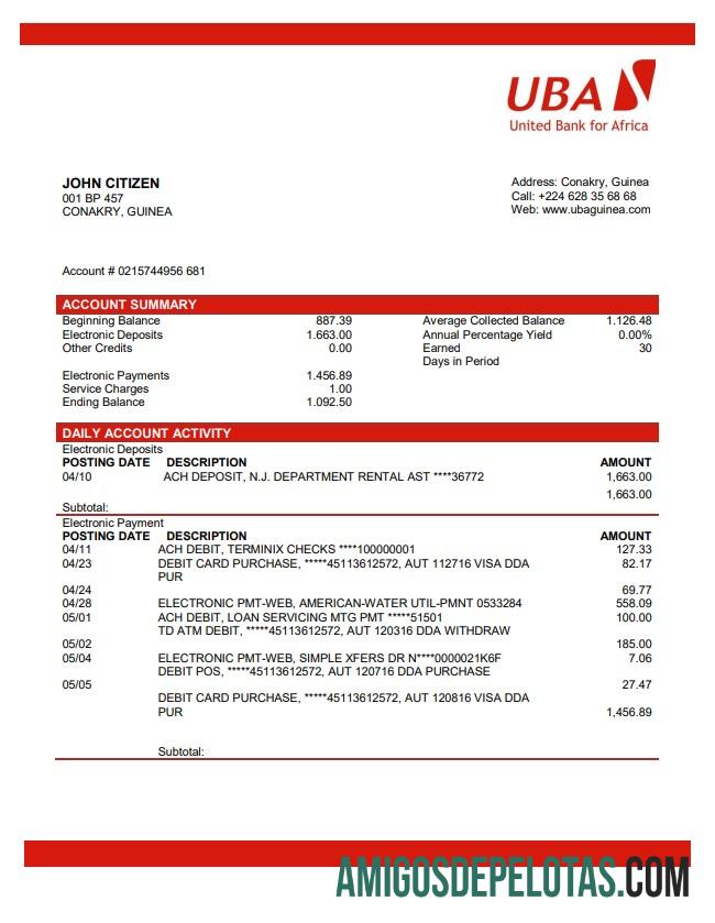 Exemplo do Banco UBA da Guiné